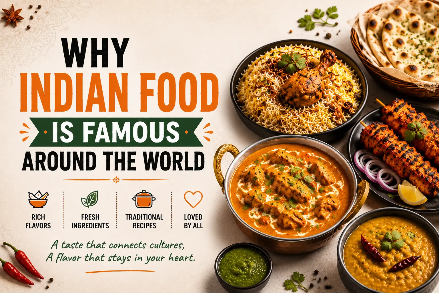 Indian food dishes including biryani, curry, naan, and kebabs featured in a Fanoosh restaurant banner design.