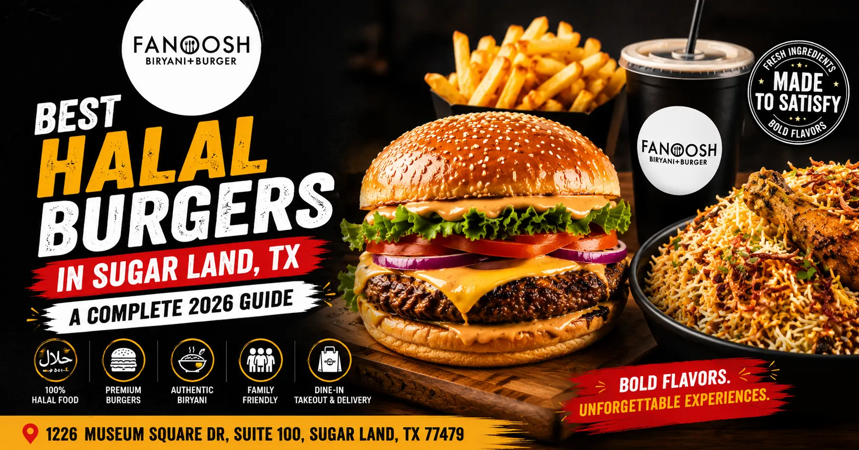 Discover the best halal burgers in Sugar Land, TX. Fresh ingredients, bold flavors, authentic taste at Fanoosh.