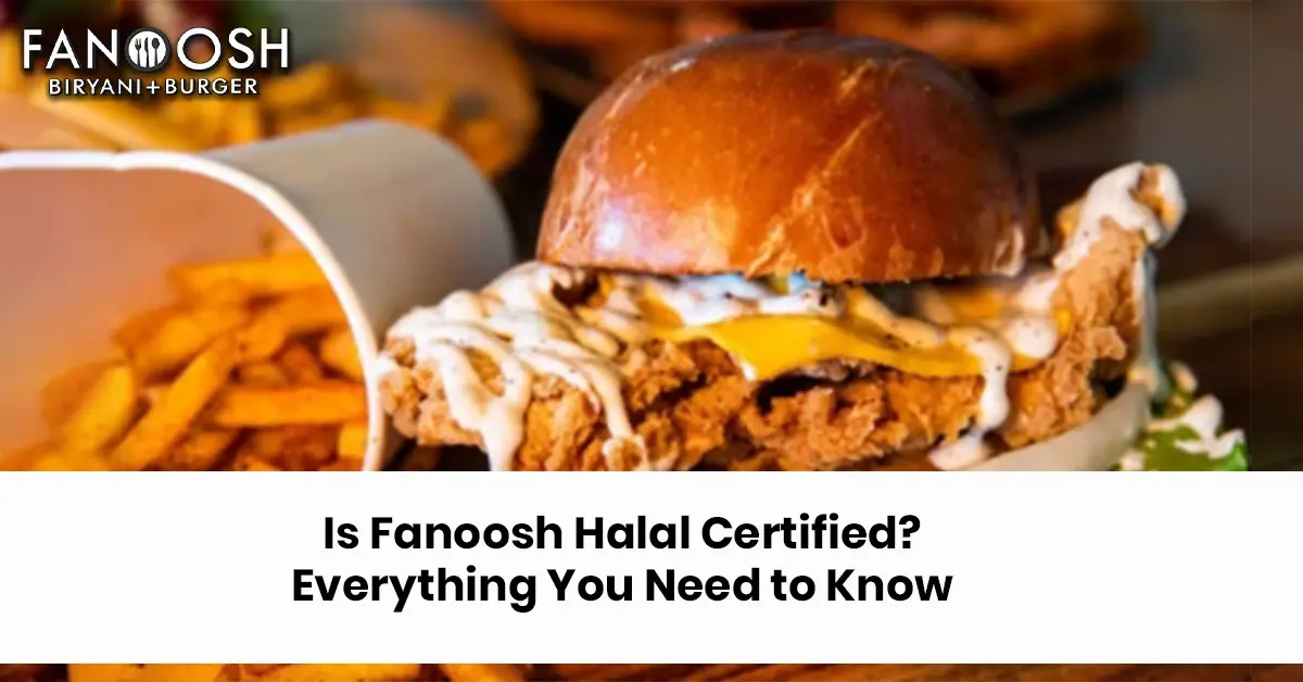 Fanoosh Biryani + Burger halal certification guide featuring a crispy chicken burger with cheese, creamy sauce, and golden fries.