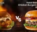 Fanoosh halal chicken and beef burgers shown side by side, comparing two popular halal burger choices and their nutrition.