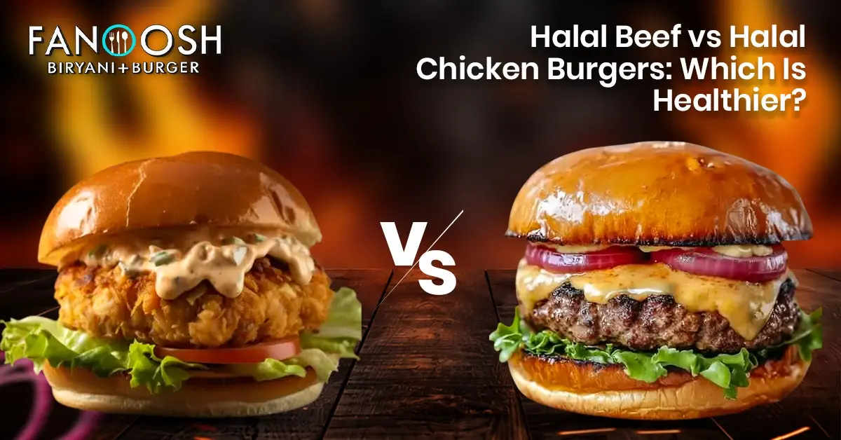 Fanoosh halal chicken and beef burgers shown side by side, comparing two popular halal burger choices and their nutrition.