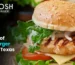 Fanoosh graphic featuring a fresh halal chicken burger and highlighting the growing popularity of halal burger joints in Texas.