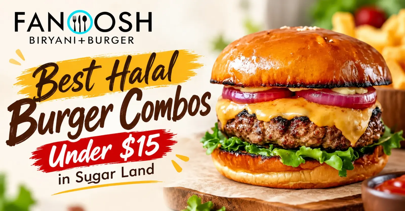 Best halal burger combos under $15 in Sugar Land at Fanoosh, featuring a juicy beef burger with cheese, lettuce and onions.